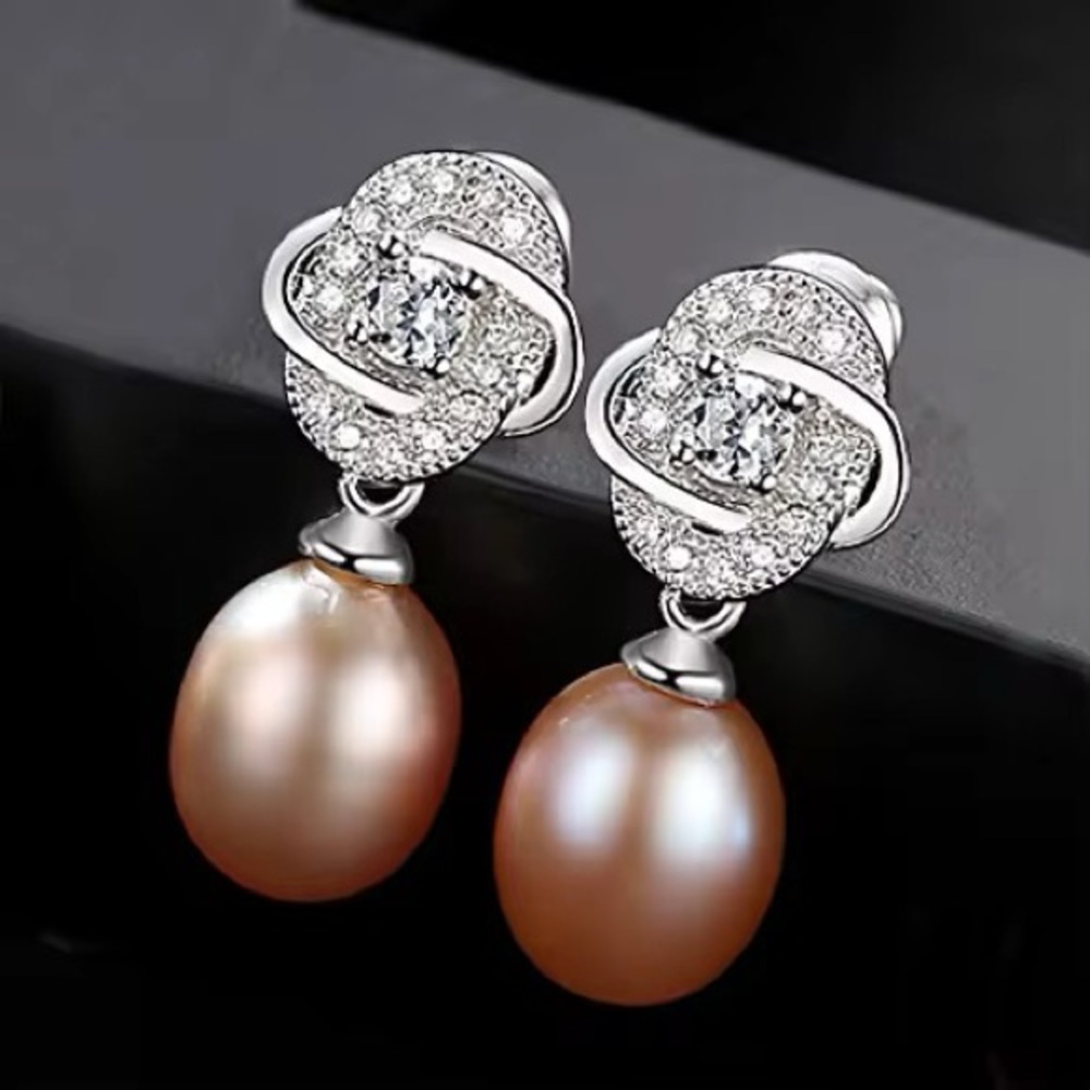 •Timeless Natural Pearl 925 Silver Tiny CZ Diamond Vintage Flower Drop Earrings